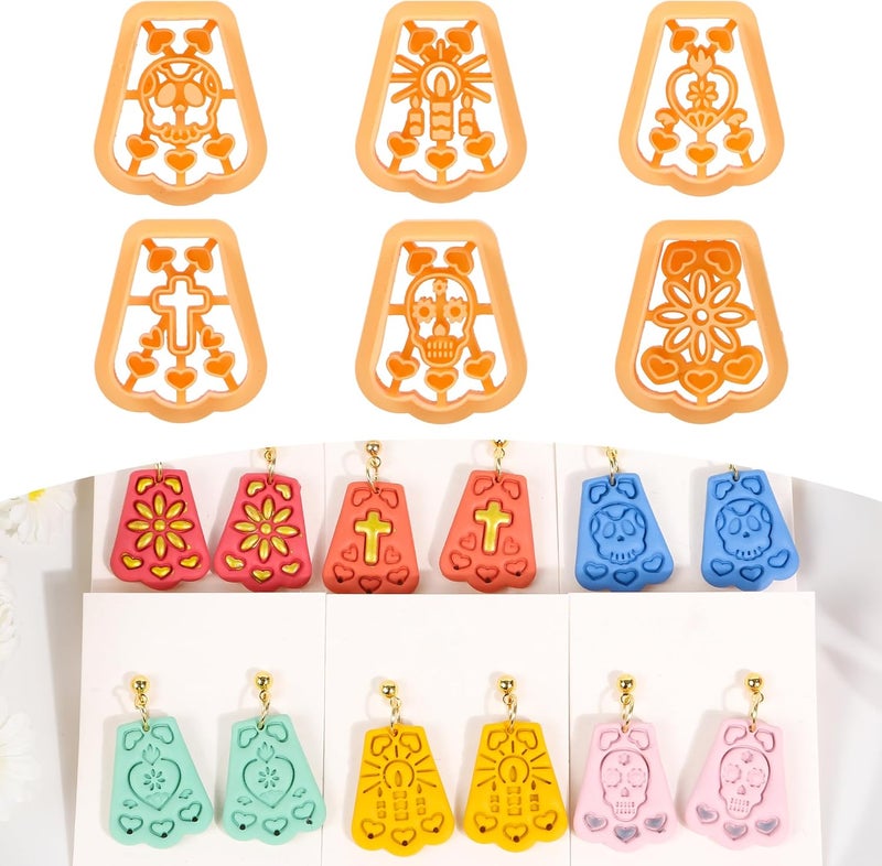 Puocaon Papel Picado Clay Cutters - 6 Pcs Mexican Day of The Dead Polymer Clay Cutters for Earrings Jewelry Making, Día de Muertos - Image 1